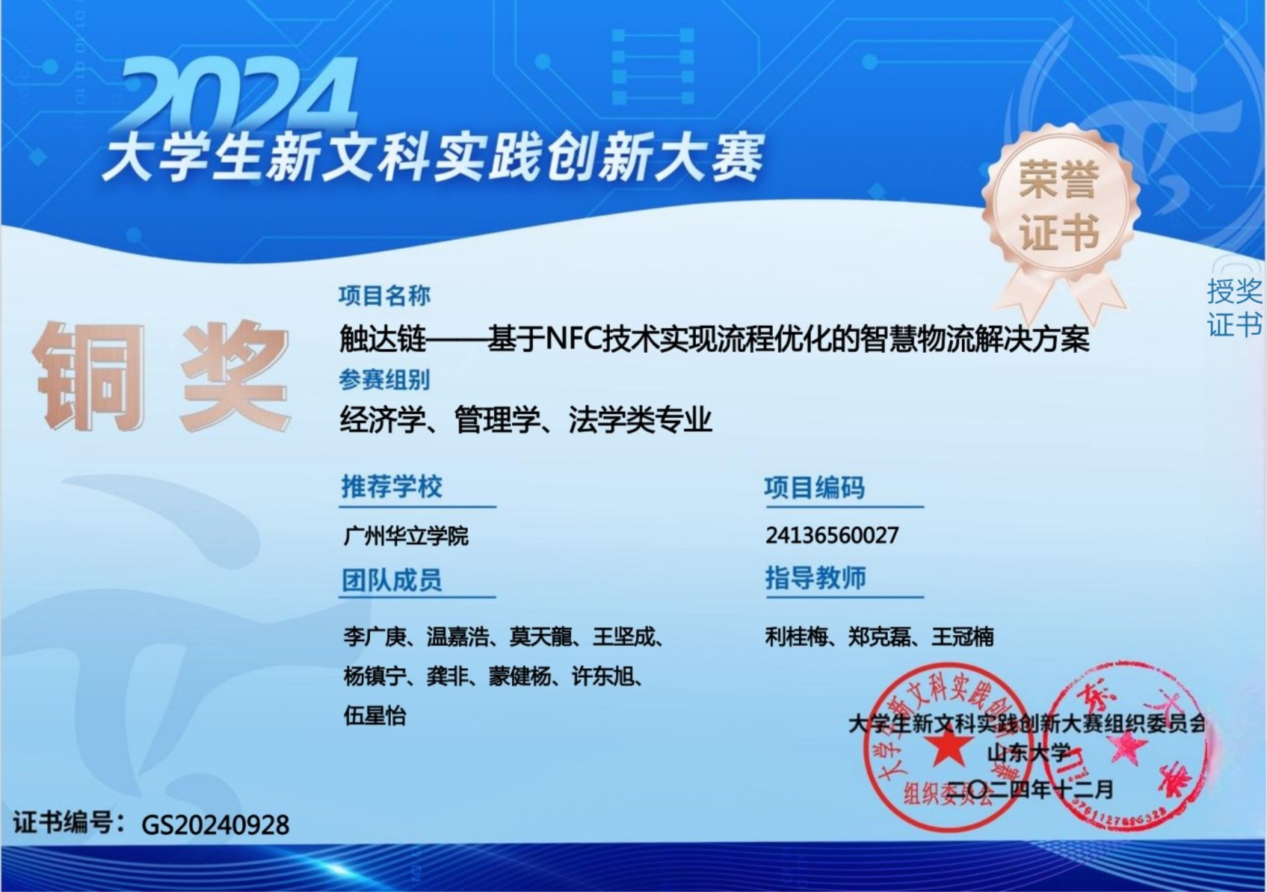 2024大学生新文科实践创新大赛铜奖2024年12月